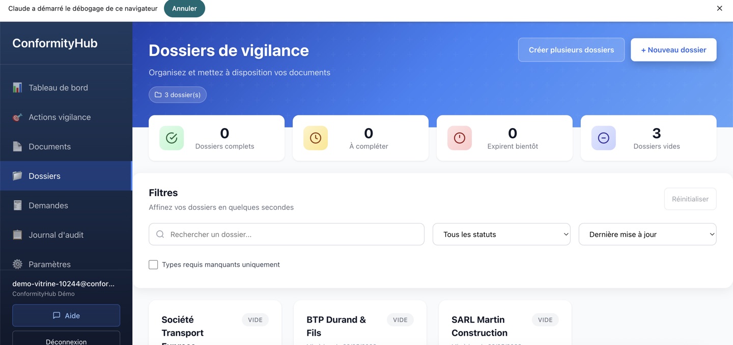 Vue Dossiers de vigilance avec 4 stats KPI, filtres et liste des dossiers