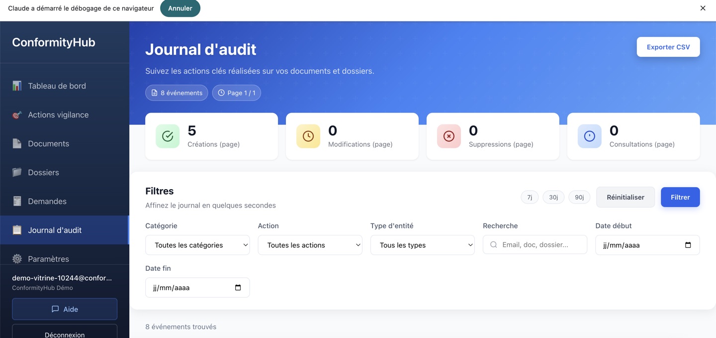 Journal d'audit avec 4 KPI, filtres avancés et tableau des événements horodatés