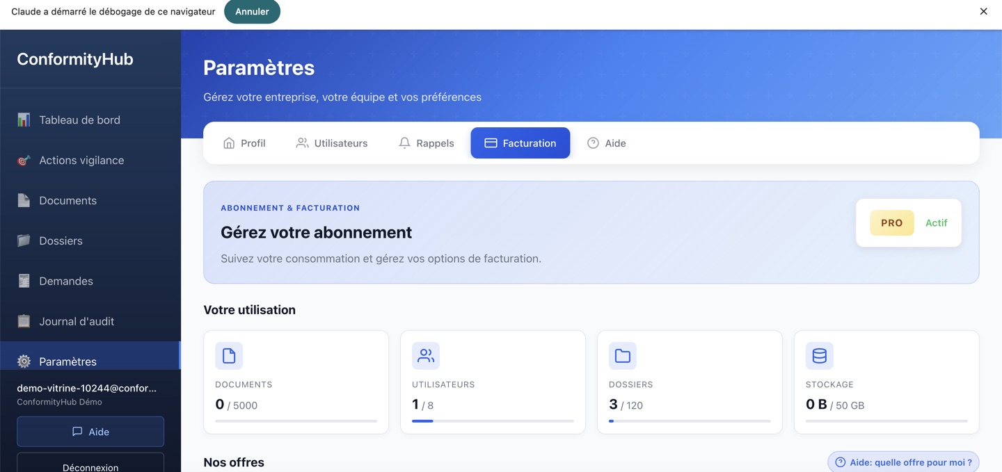 Page facturation : abonnement Pro Actif, utilisation et offres disponibles