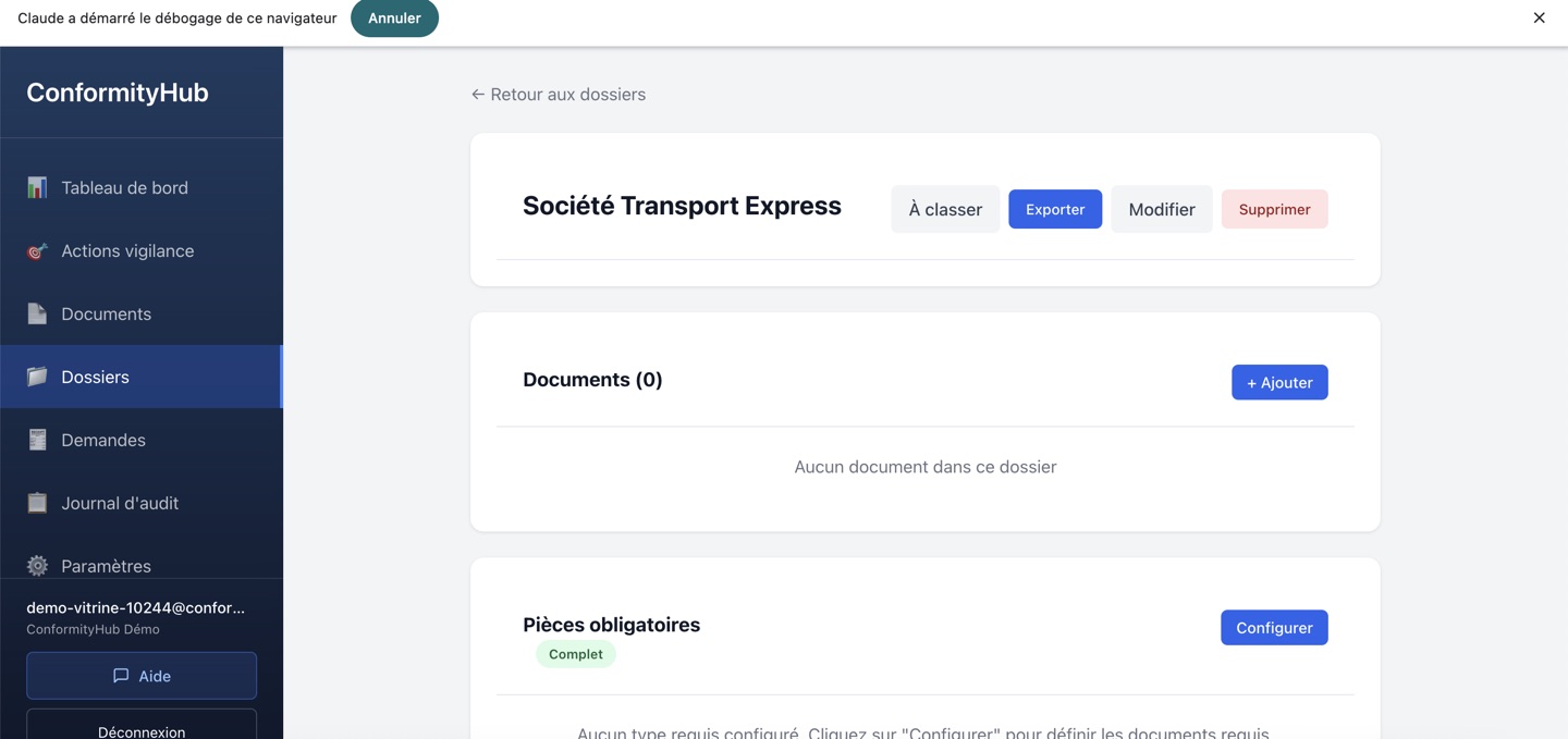 Vue détail d'un dossier : documents, pièces obligatoires, demandes