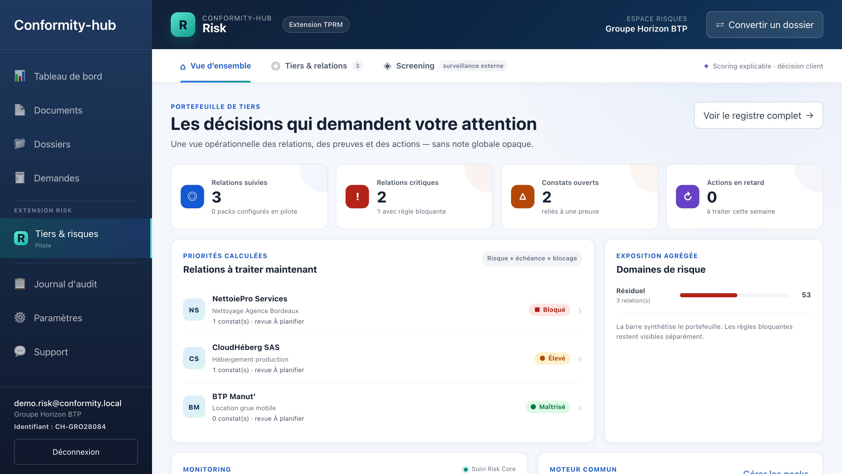 Vue d'ensemble du module Tiers & Risques : relations critiques, constats ouverts, priorités calculées et exposition agrégée
